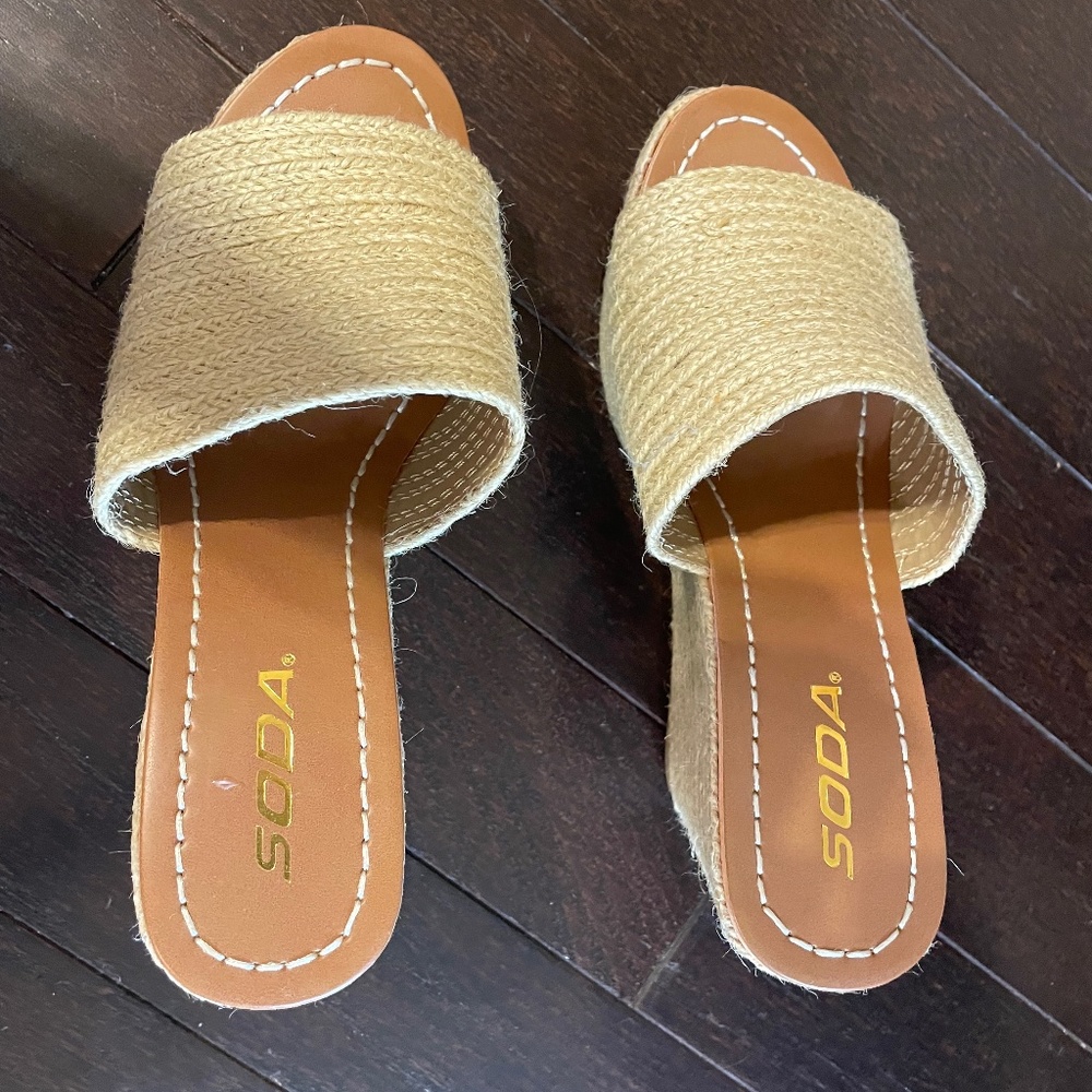 Soda Natural Raffia Wedge Slide Sandals